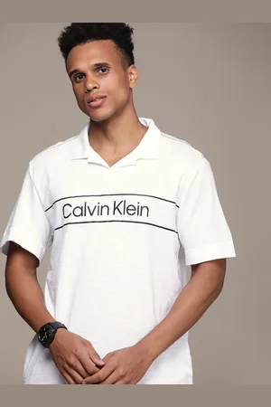 Calvin Klein Men White Brand Logo Printed Polo Collar Pure Cotton T-shirt