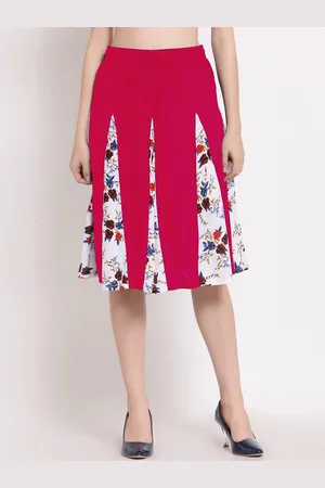 PATRORNA Women Pink & White Printed Flared Skirt With Contrast Pleated Detailing