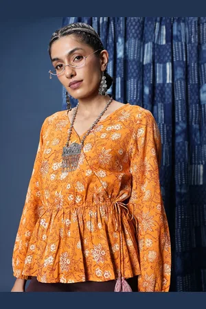 Taavi Floral Bagru Printed Puff Sleeve Pure Cotton Wrap Top
