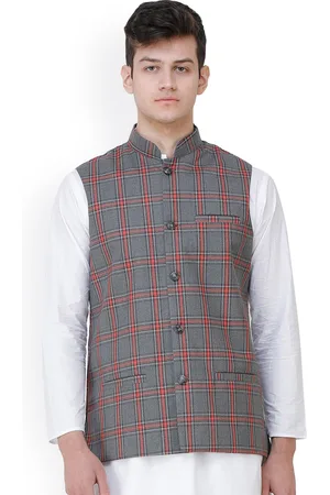 Exotic India Excalibur Double Check Pattern Nehru Jacket with Front Pockets