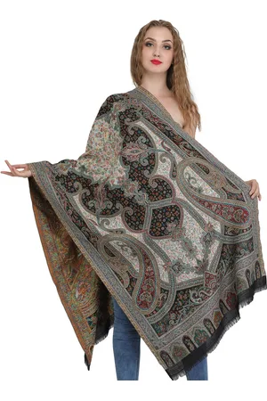 Exotic India Jet Black Woven Flowers and Paisleys Pure Wool Stole