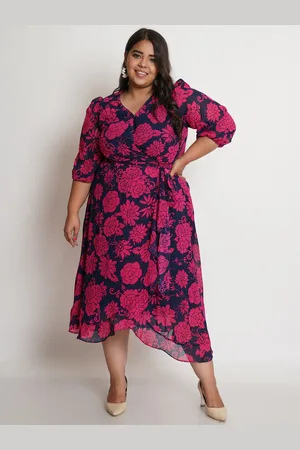 IX IMPRESSION Women Navy Blue & Pink Floral A-Line Midi Dress