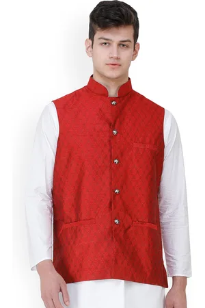 Exotic India Rio Red Wedding Waistcoat with Jacquard Woven Bootis and Front Pockets