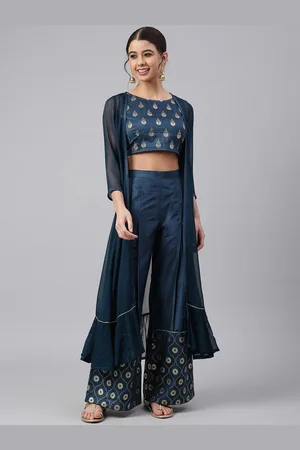 Janasya Women Foil Printed Silk Blend Crop Top with Palazzos and Jacket