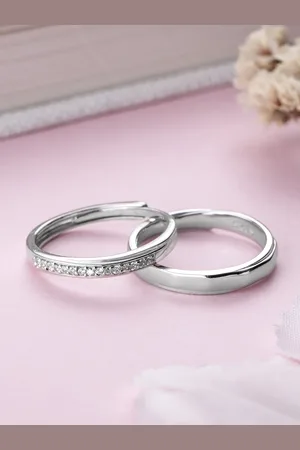Zavya Set of 2 925 Sterling Silver Rhodium-Plated CZ-Studded Couple Rings