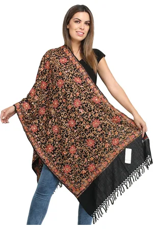 Exotic India Phantom Black Aari Embroidery and Sequins Pure Wool Stole