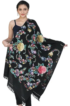 Exotic India Ice Black Aari Hand-Embroidered Floral Motifs Woolen Kashmiri Stole