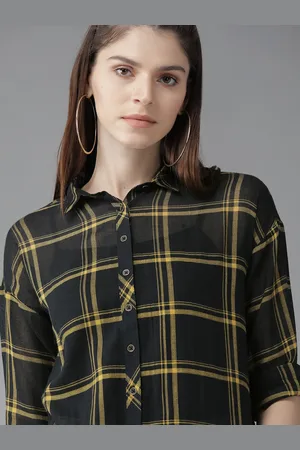 Roadster The Lifestyle Co Women Black & Yellow Regular Fit Checked Longline Casual Shirt