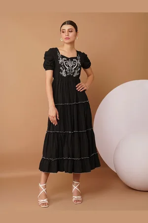 Chemistry Women Embroidered Fit & Flare Puff Sleeve Midi Dress