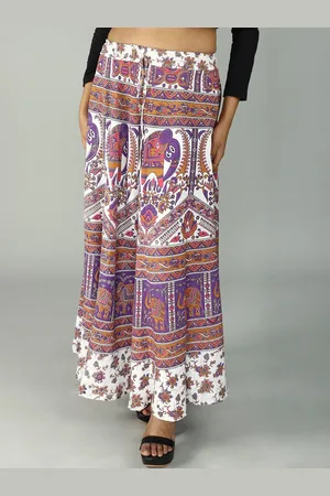 Exotic India Pure Cotton Sanganeri Long Skirt with All Over Floral-Elephant Printed Motifs