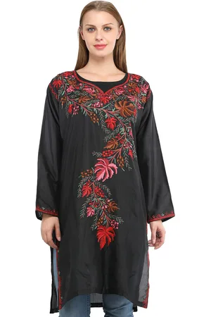 Exotic India Phantom Black Kashmiri Long Kurti with Aari Embroidered Flower & Maple Leaves