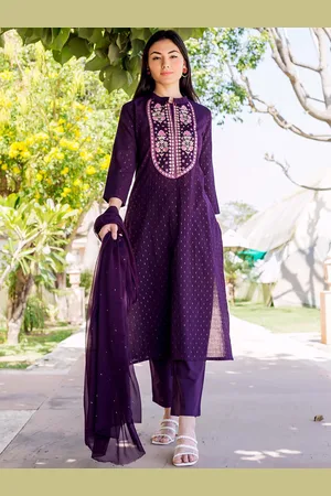 Kalini Mandarin Collar Floral Embroidered Thread Work Kurta with Trouser & Dupatta