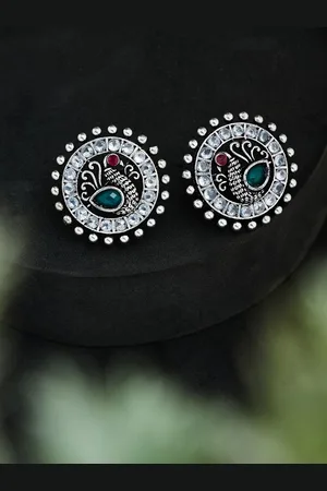 ATIBELLE Silver-Plated Peacock Shaped German Silver Stone Studded Studs