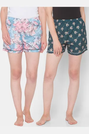 FashionRack Women Pack Of 2 Blue & Green Printed Cotton Lounge Shorts
