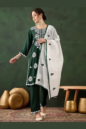 MANVAA Floral Embroidered Thread Work Round Neck Kurta with Trouser & Dupatta