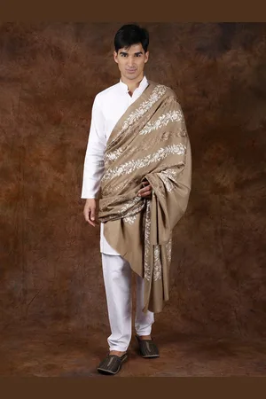 Exotic India Savannah Tan Pure Wool Aari Embroidered Floral Vines Shawl