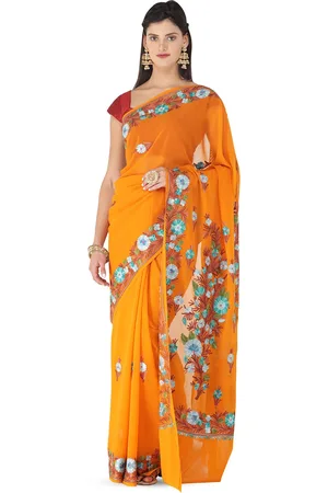 Exotic India Orange Ochre Georgette Kashmiri Saree with Aari-Embroidered Multicolor Flower