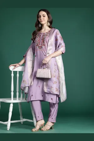 Indo Era Floral Embroidered Thread Work Kurta with Trousers & With Dupatta