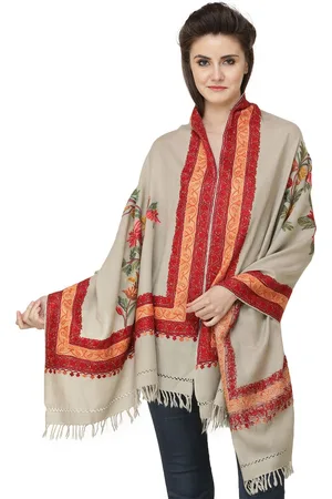Exotic India Silver Lining Kashmiri Stole with Aari Hand-Embroidered Flowers and Border