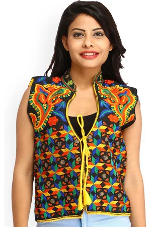 Exotic India Black And Daffodil Phulkari Embroidered Silk Short Waistcoat