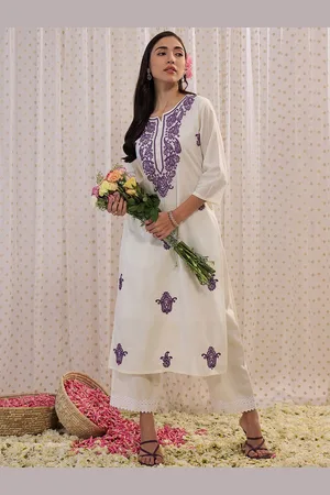Indo Era Floral Embroidered Thread Work Straight Pure Cotton Kurta