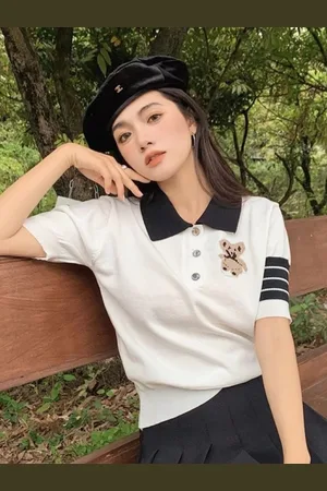 HERE&NOW Womens Silk Shirt Collar Short Sleeves Graphic Top