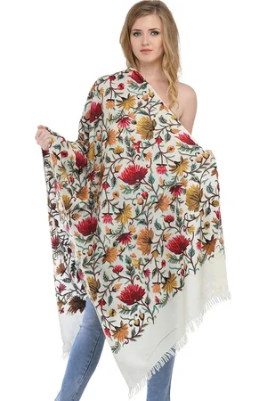 Exotic India Off-White Aari Hand Embroidered Flowers Pure Wool Kashmiri Stole