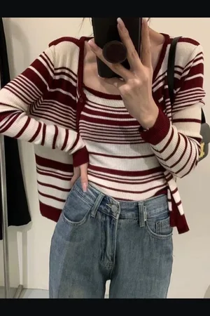 HERE&NOW Red Striped Sleeveless Round Neck Top With Jacket