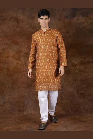 Exotic India Sudan Brown Bandhani Tie-Dye Print Kurta Pajama Set with Sequins Embroidery