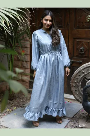 Exotic India Assorted Vintage Azure Blue Pure Silk Victorian Date Dress