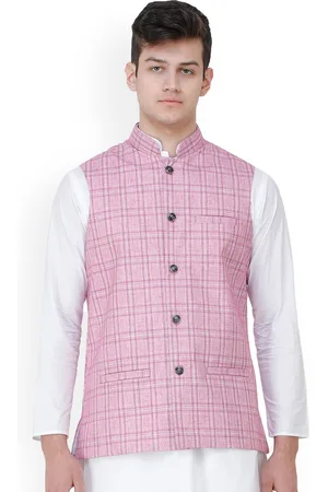 Exotic India Pastel Lavender Double Check Pattern Nehru Jacket with Front Pockets