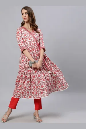Jaipur Floral Printed V-Neck Angrakha A-Line Cotton Kurta