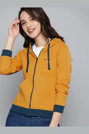 Mast & Harbour Women Mustard Yellow Solid Hooded Sweatshirt