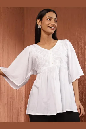 Fabindia Flared Sleeves Chikankari Longline Cotton Top