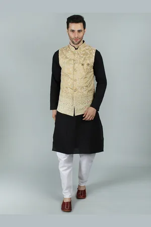 Exotic India Beige Nehru Jacket Waist Coat with Delicate Thread Embroidery and Sequin Work
