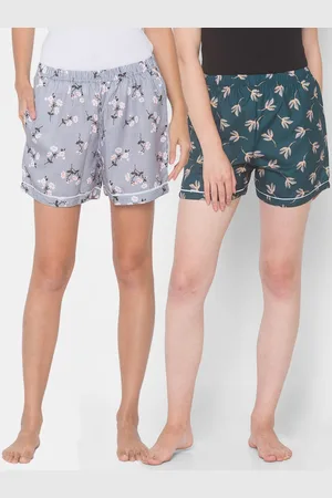 FashionRack Women Grey & Green Pack of 2 Printed Cotton Lounge Shorts