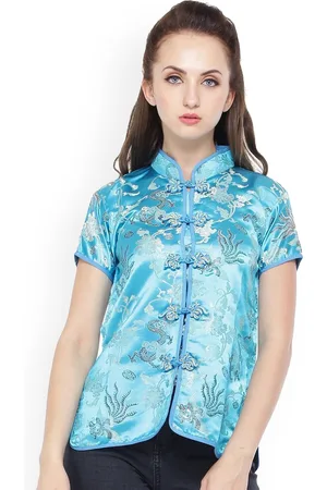 Exotic India Hawaiian Ocean Brocaded Cheongsam Silk Jacket with Brocade Weave