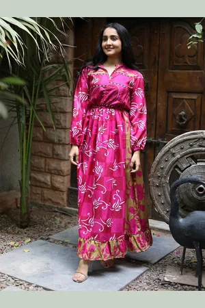 Exotic India Fuschia Assorted Vintage Pure Silk Victorian Date Dress