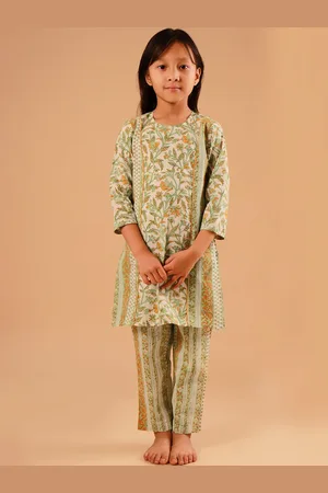 Sangria Girls Floral Printed Pure Cotton A-Line Kurta & Trousers