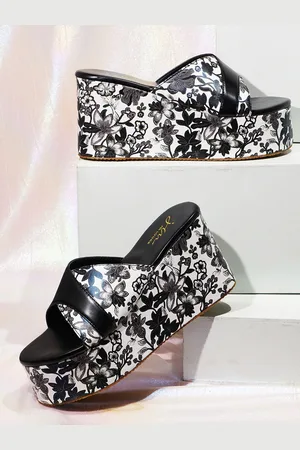JM Looks Printed Open Toe Flatform Heels