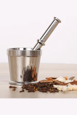 Home Centre Silver Solid Stainless Steel Mortar and Pestle Set