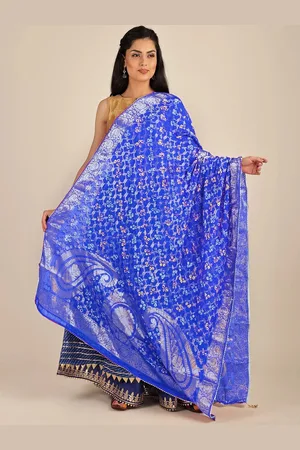 Exotic India Bluing Bandhani Gharchola Silk Dupatta with Giant Paisleys