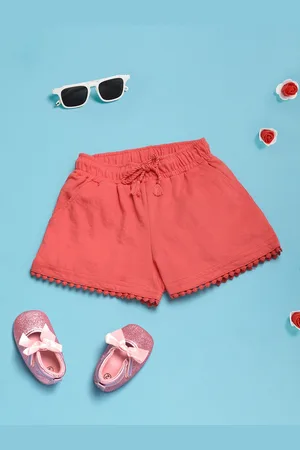 V-Mart Girls Solid Mid-Rise Pom-Pom Detail Cotton Casual Regular Shorts