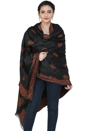 Exotic India Jamawar Black Stole with Aari Embroidered in Self-Colored Thread