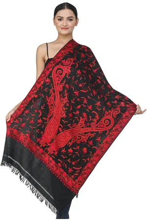 Exotic India Black Aari Hand-Embroidered Red Paisleys and Chinar Leaves Kashmiri Stole