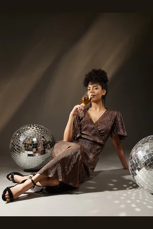ATRAENTA Self Design V-Neck Satin Maxi Dress