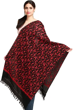 Exotic India Black And Red Aari Embroidered Paisley Jaal by Hand Pure Wool Kahsmiri Stole