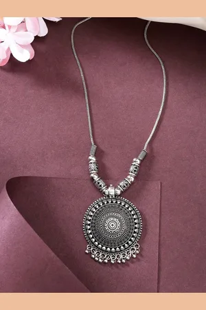 Anouk Women Silver-Toned Circular Shape Pendant with Chain