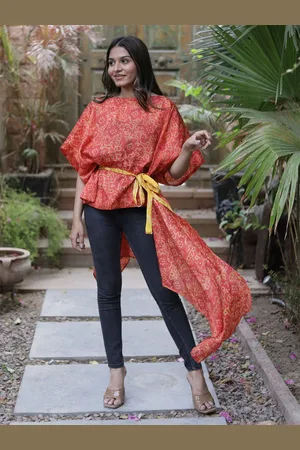 Exotic India Assorted Vintage Pure Silk Red Drape Top