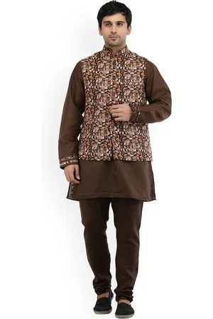 Exotic India Nutmeg Brown Three Piece Kurta Pajama Set with Digital Printed Waistcoat